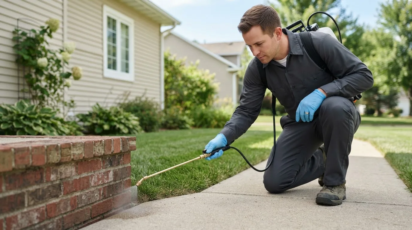 Pest control technician treating a home near Fort Wayne, IN